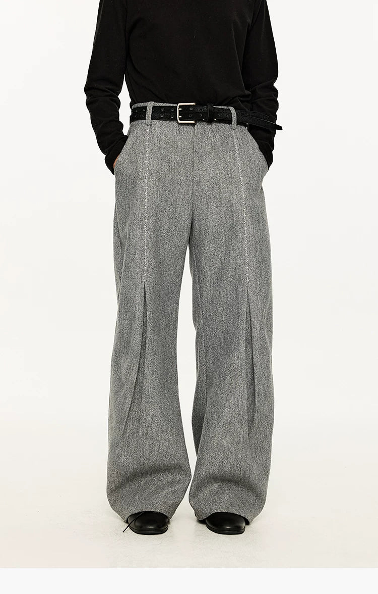 Men's Embroidered Curved Pleated Woolen Pants