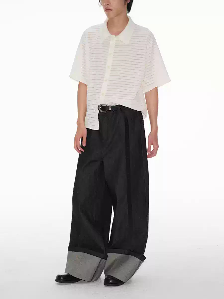 Hollow Striped Short Sleeve Crop Shirt
