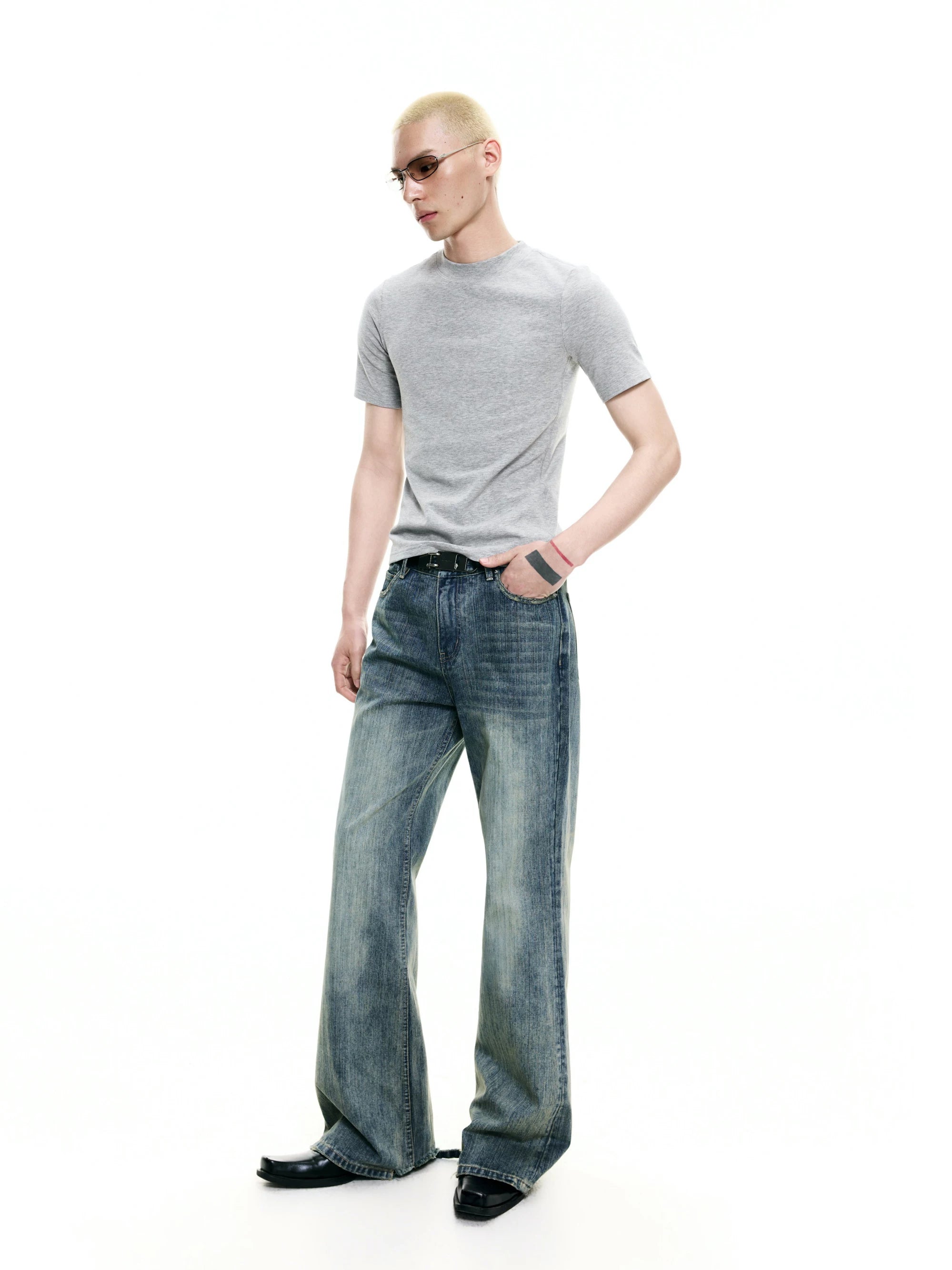 Casual Slub Distressed Flared Denim Pants