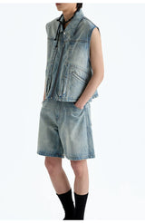 Heavy Distressed Denim Square-Collar Crop-Zip Vest