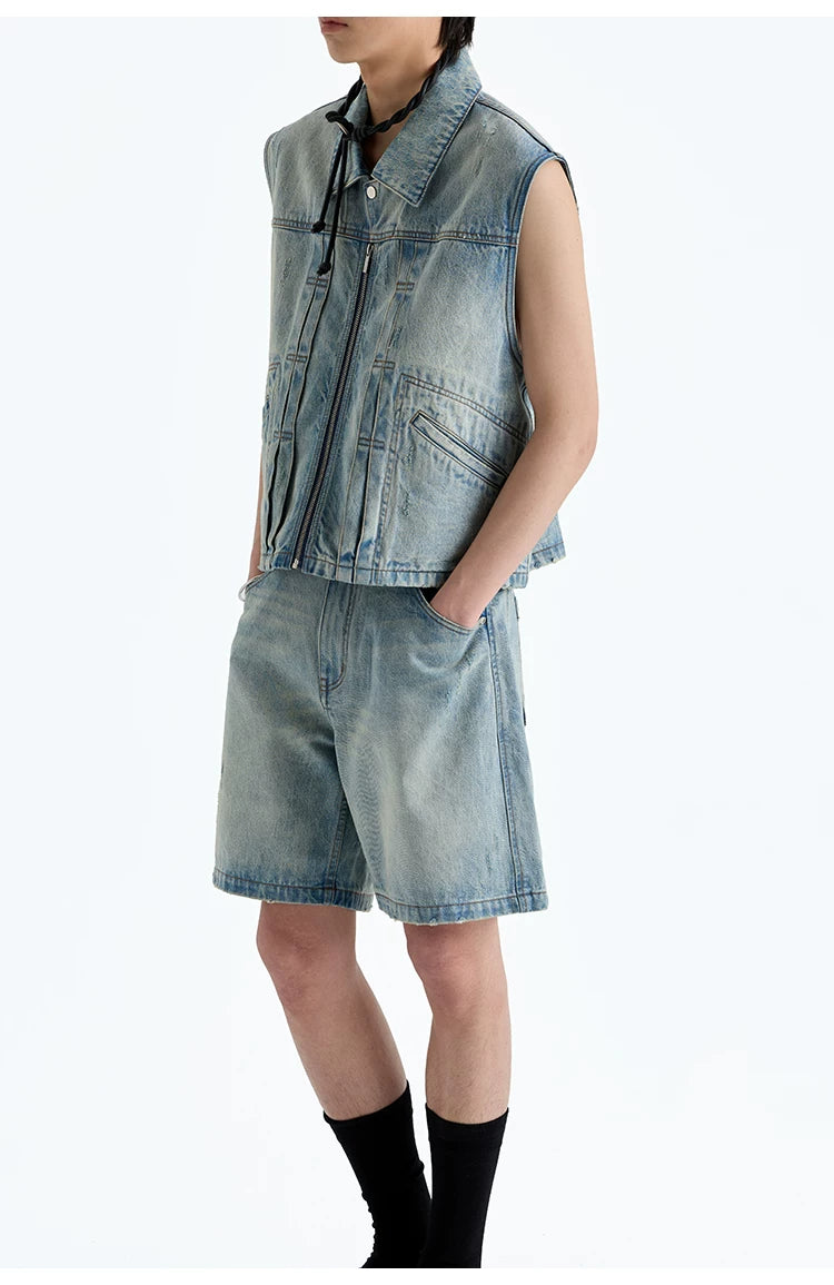 Heavy Distressed Denim Square-Collar Crop-Zip Vest