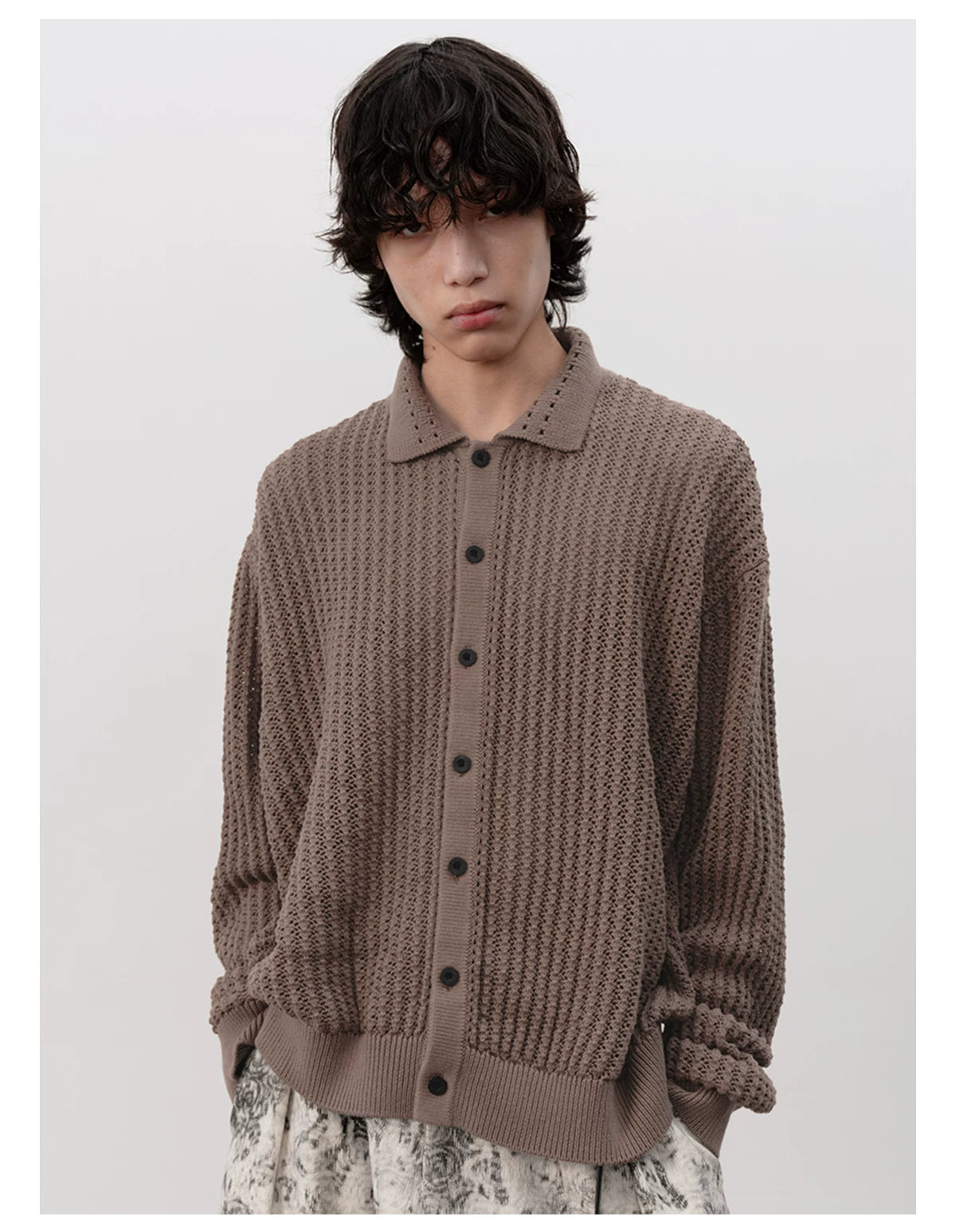 Pick Stitch Polo Collar Knitted Cardigan