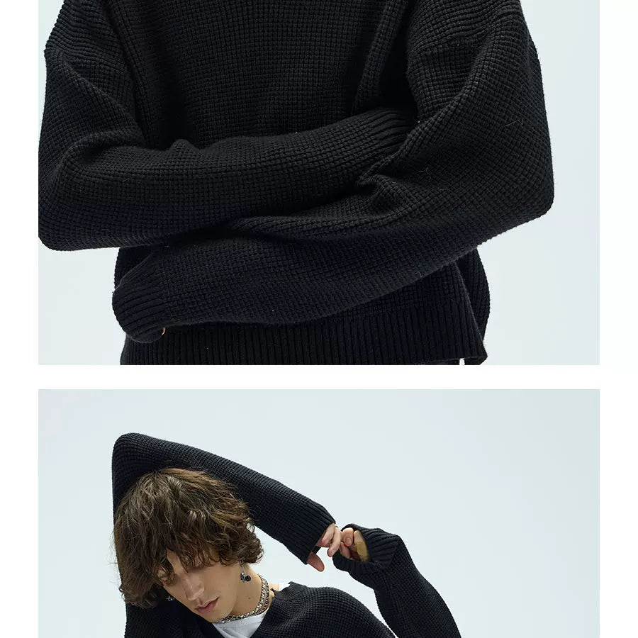 V-Neck Three-Color Waffle Lace Knit Sweater