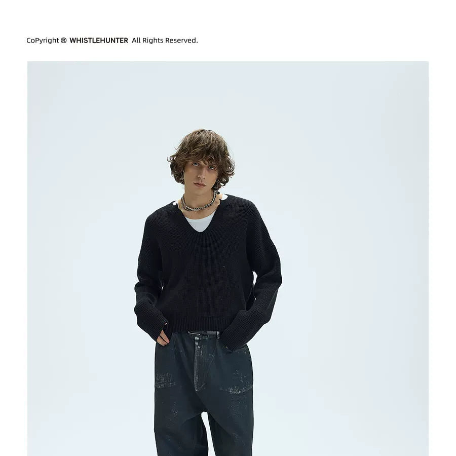V-Neck Three-Color Waffle Lace Knit Sweater