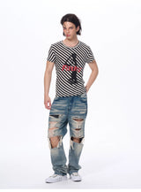 Letter Print Striped Short Sleeve Tees