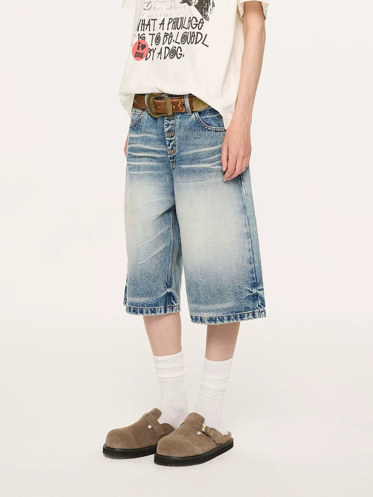 Whisker Wash Button Denim Shorts