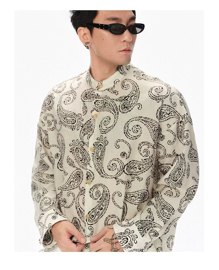 Long Sleeve Collared Paisley Silk Shirt