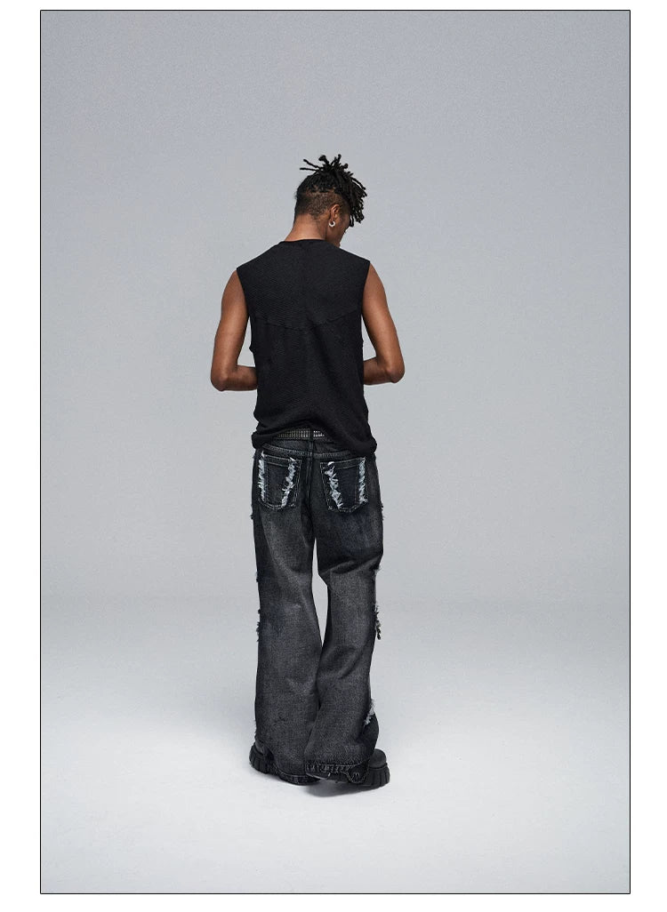 Stretchy Black Printed Ribbed Tank Top