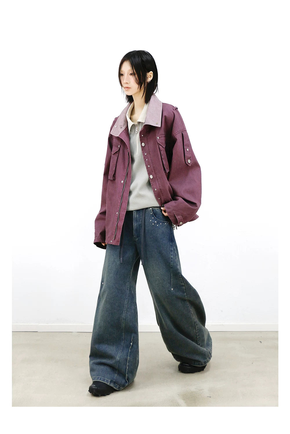 Studded Deconstructed Washed Two-tone A-line Jeans