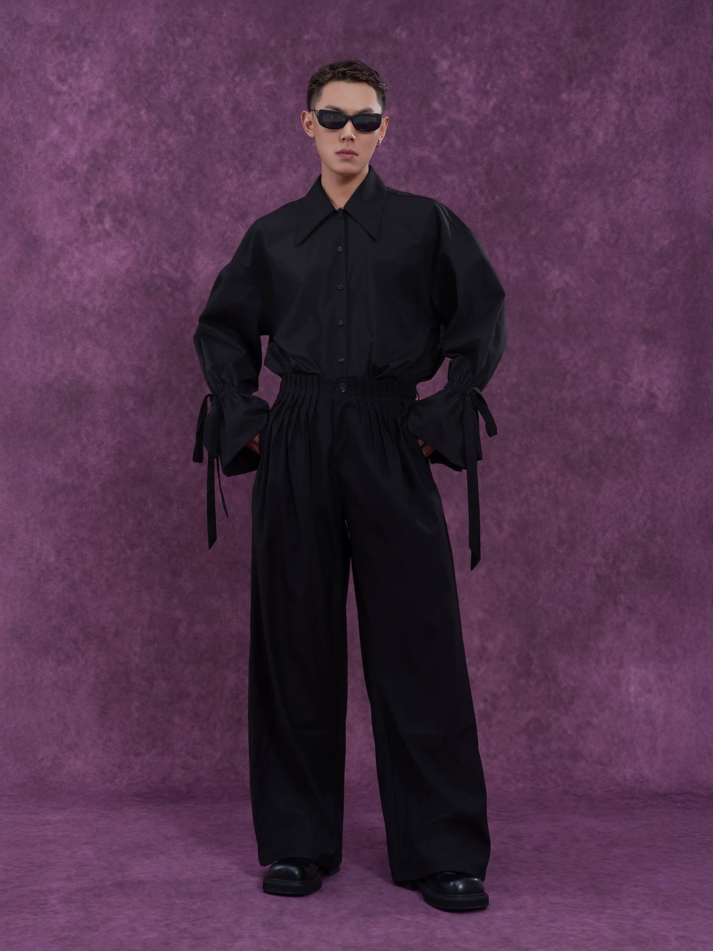 Men's Long-Sleeve Black-and-White Ruffled Sash Shirt