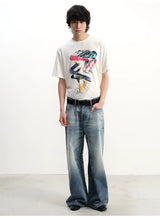 Grey Blue Distressed Wide Leg Jeans