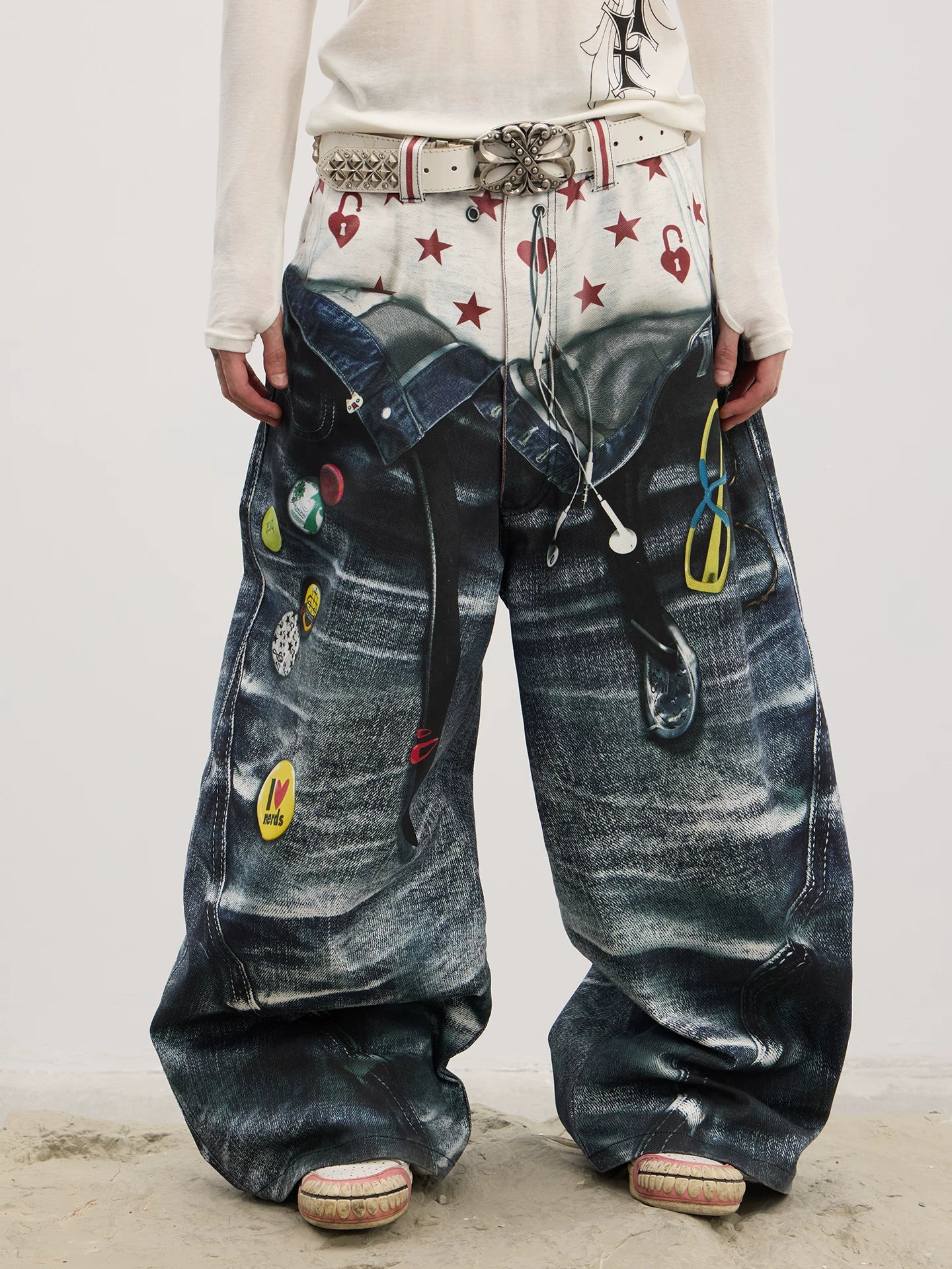 Double Waistband 3D Printed Baggy Jeans