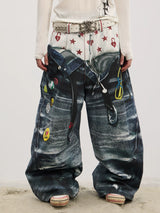 Double Waistband 3D Printed Baggy Jeans