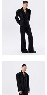 Black Waist-cinched Wide-shoulder Herringbone Blazer