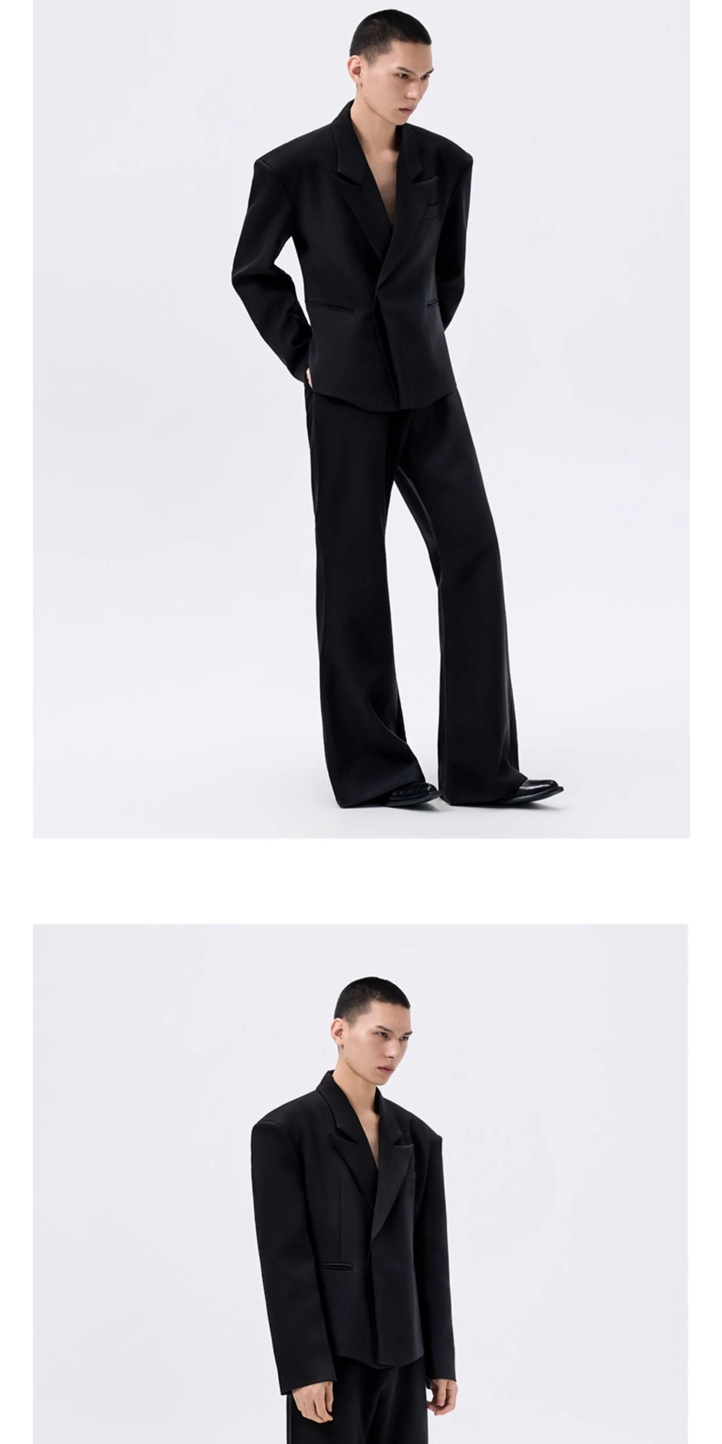 Black Waist-cinched Wide-shoulder Herringbone Blazer
