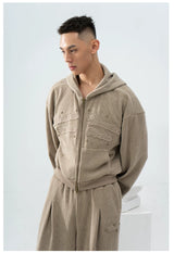 Gray Khaki Corduroy Embroidered Striped Zip-Hoodie