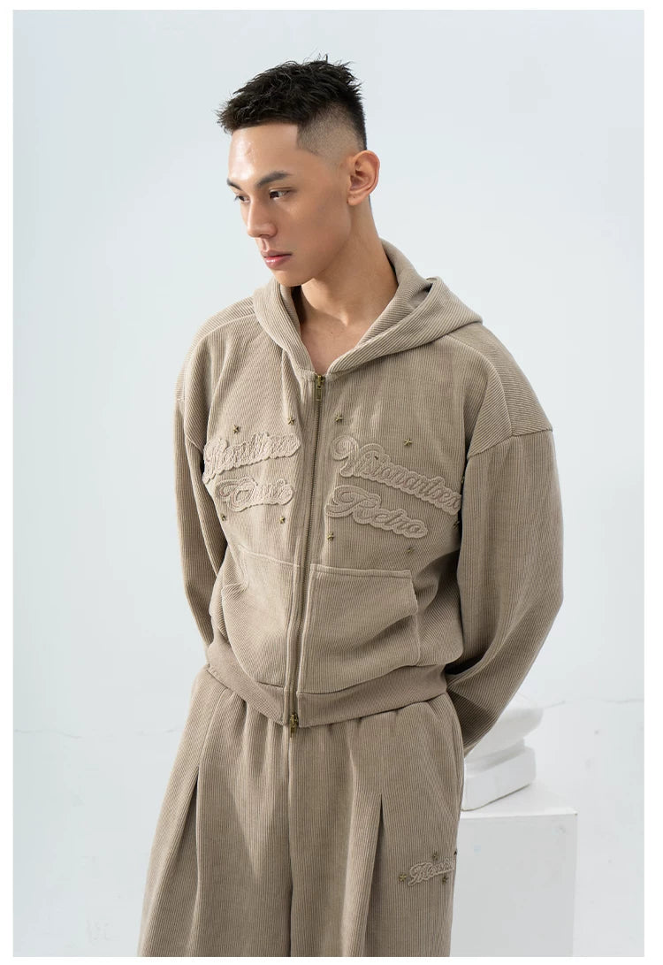 Gray Khaki Corduroy Embroidered Striped Zip-Hoodie