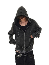 Distressed Waffle Riveted Zip-Up Hoodie