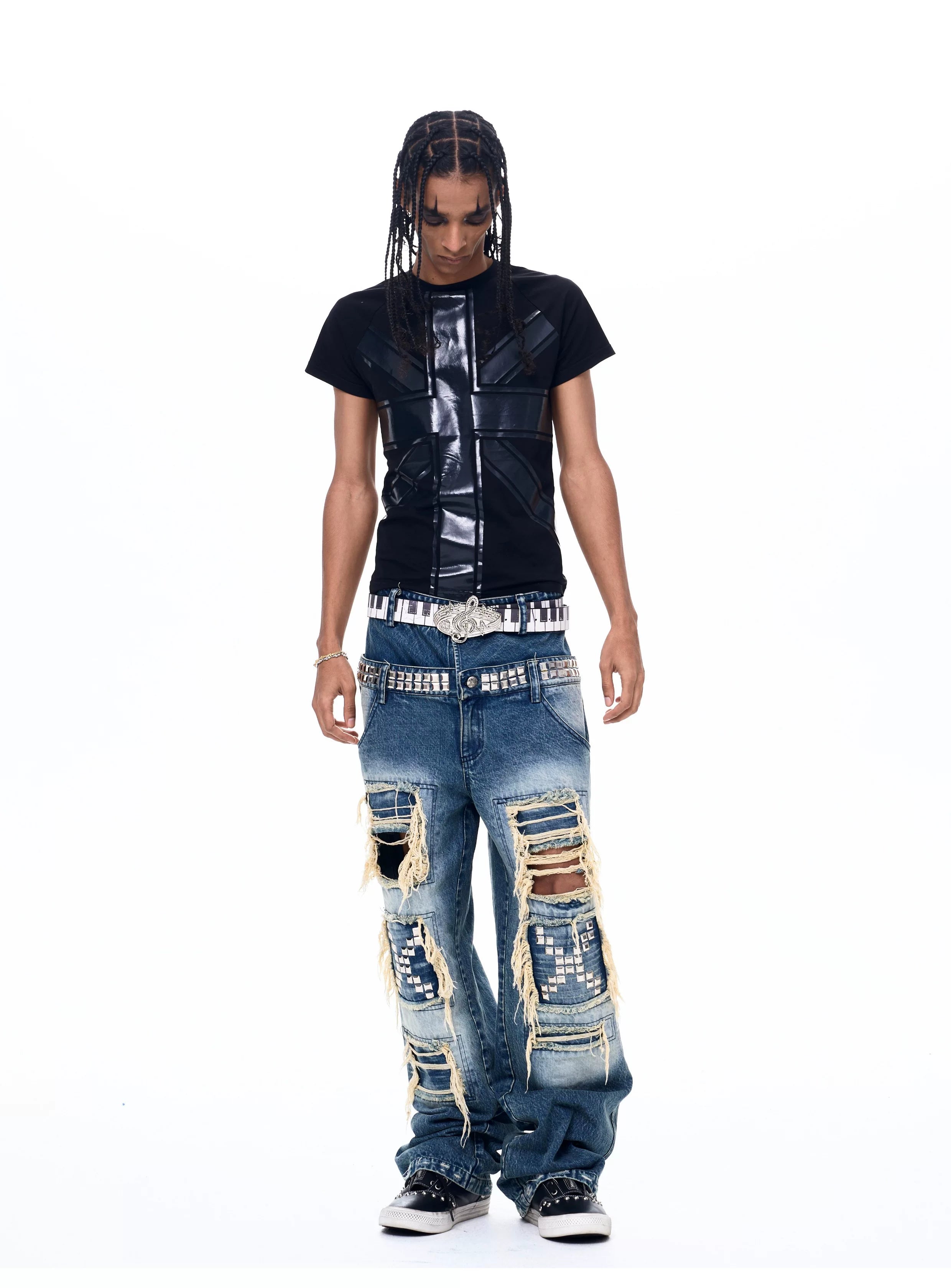 Black Printed Cross Crew Neck Tees