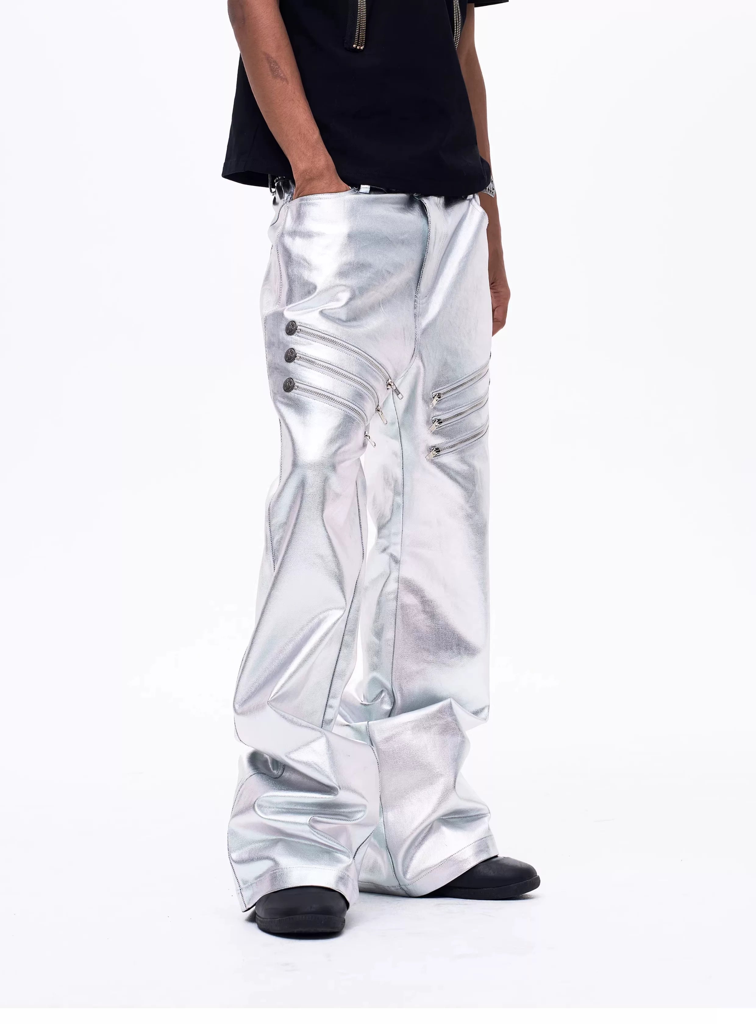 Men's Liquid Metal Silver Flared Jeans