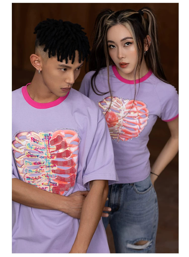 Oversized Embroidered Purple Heart Skeleton Tee