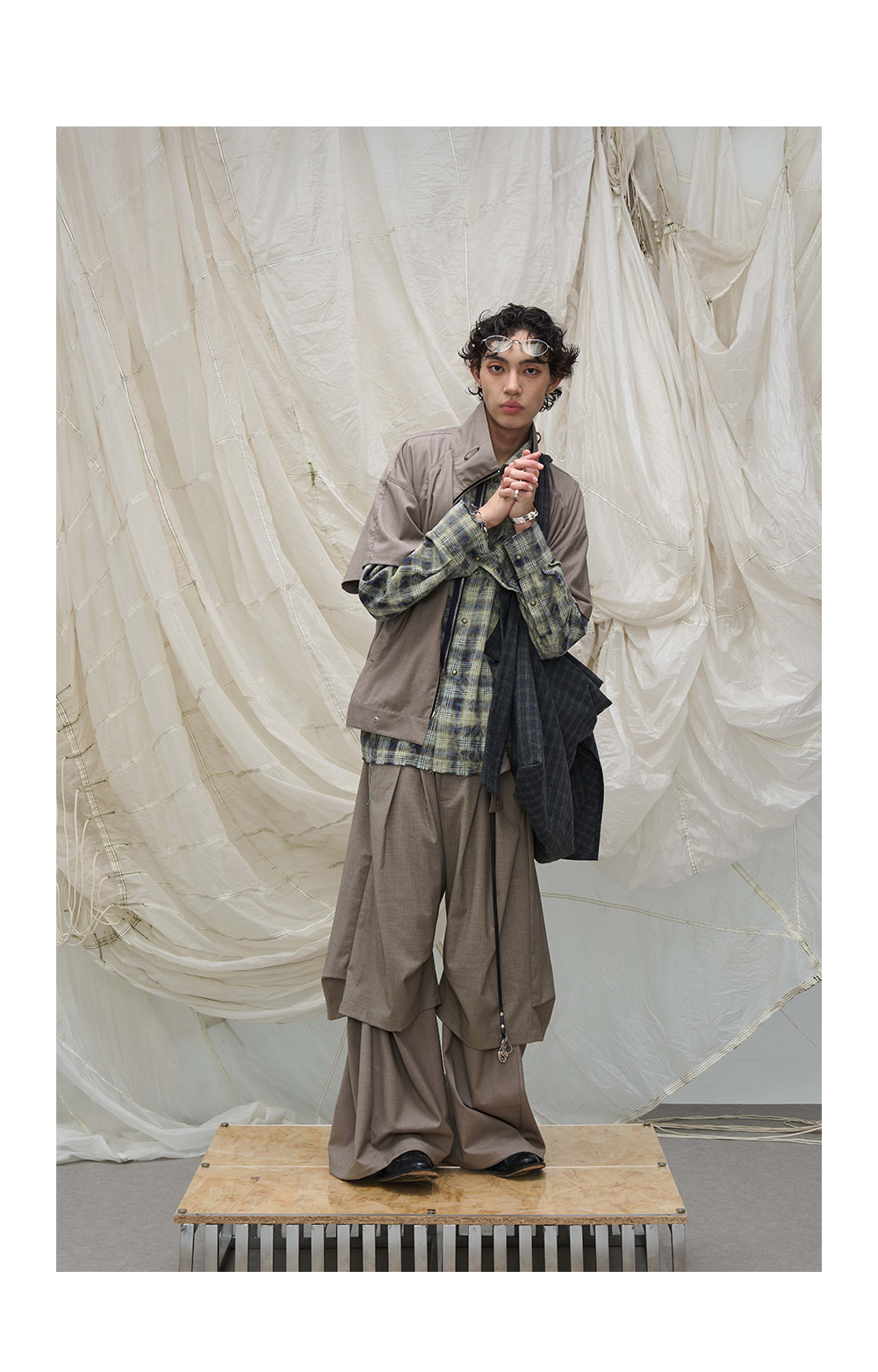 Blue Plaid Wool Multi-pocket Hobo Bag