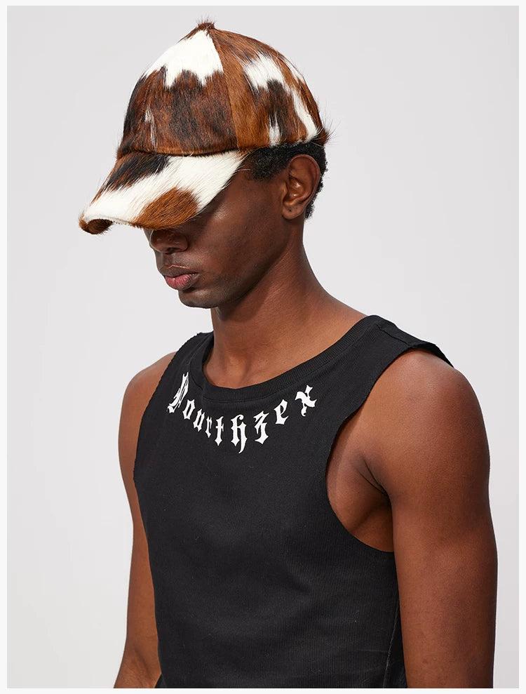 Cow Print Leather Fur Sun Cap