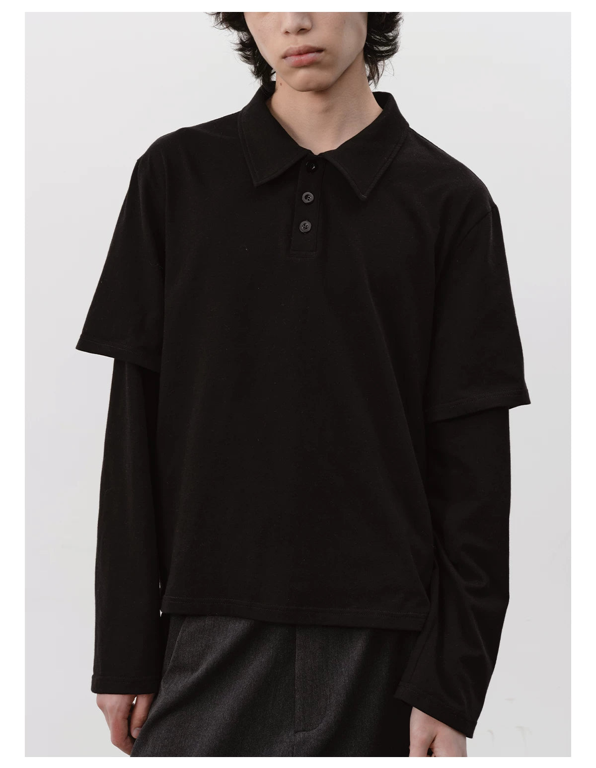 Black Boxy Fit Fake Two-Piece Polo