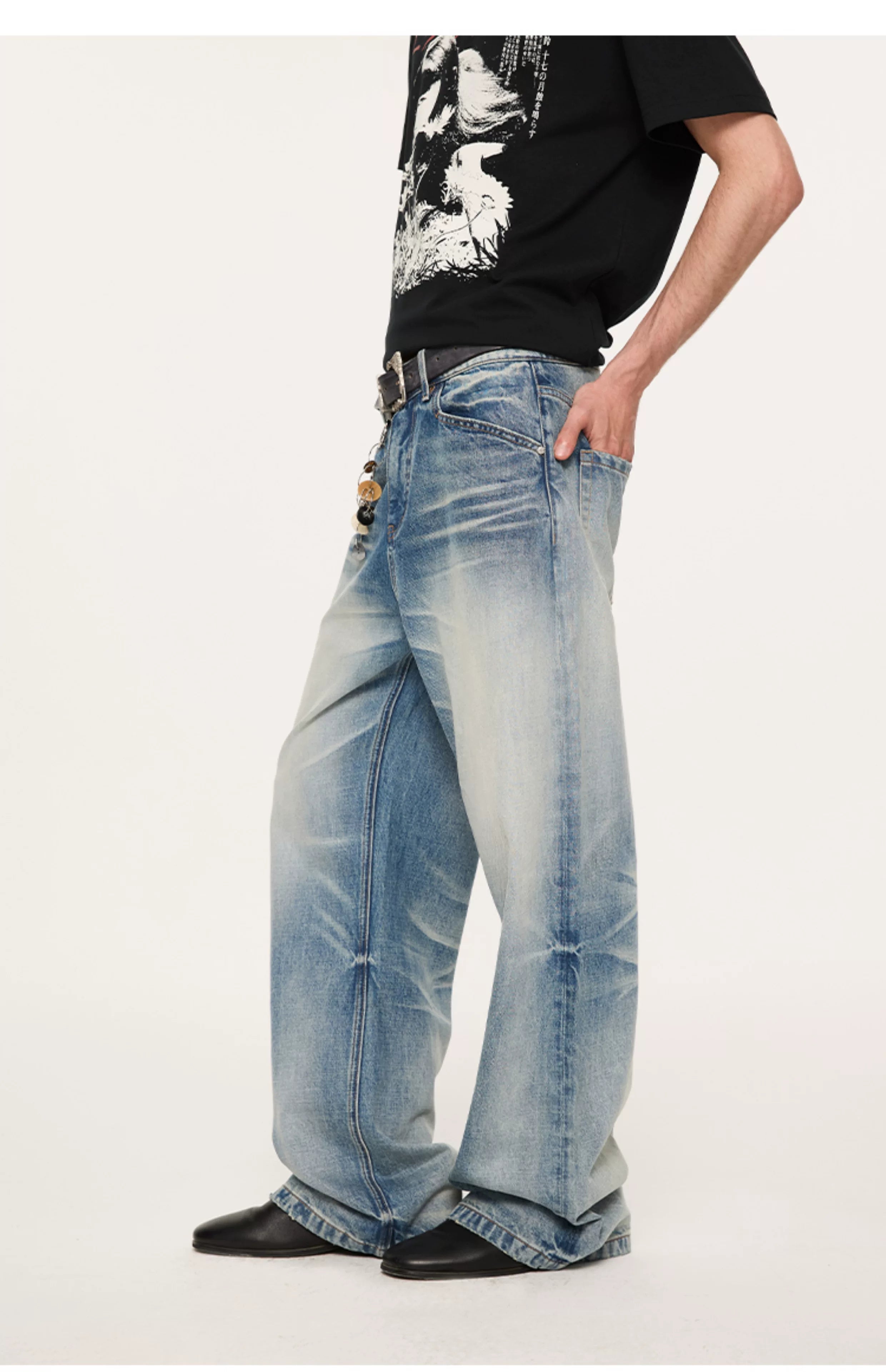 13oz Washed-Whiskered Cream Blue Straight Jeans