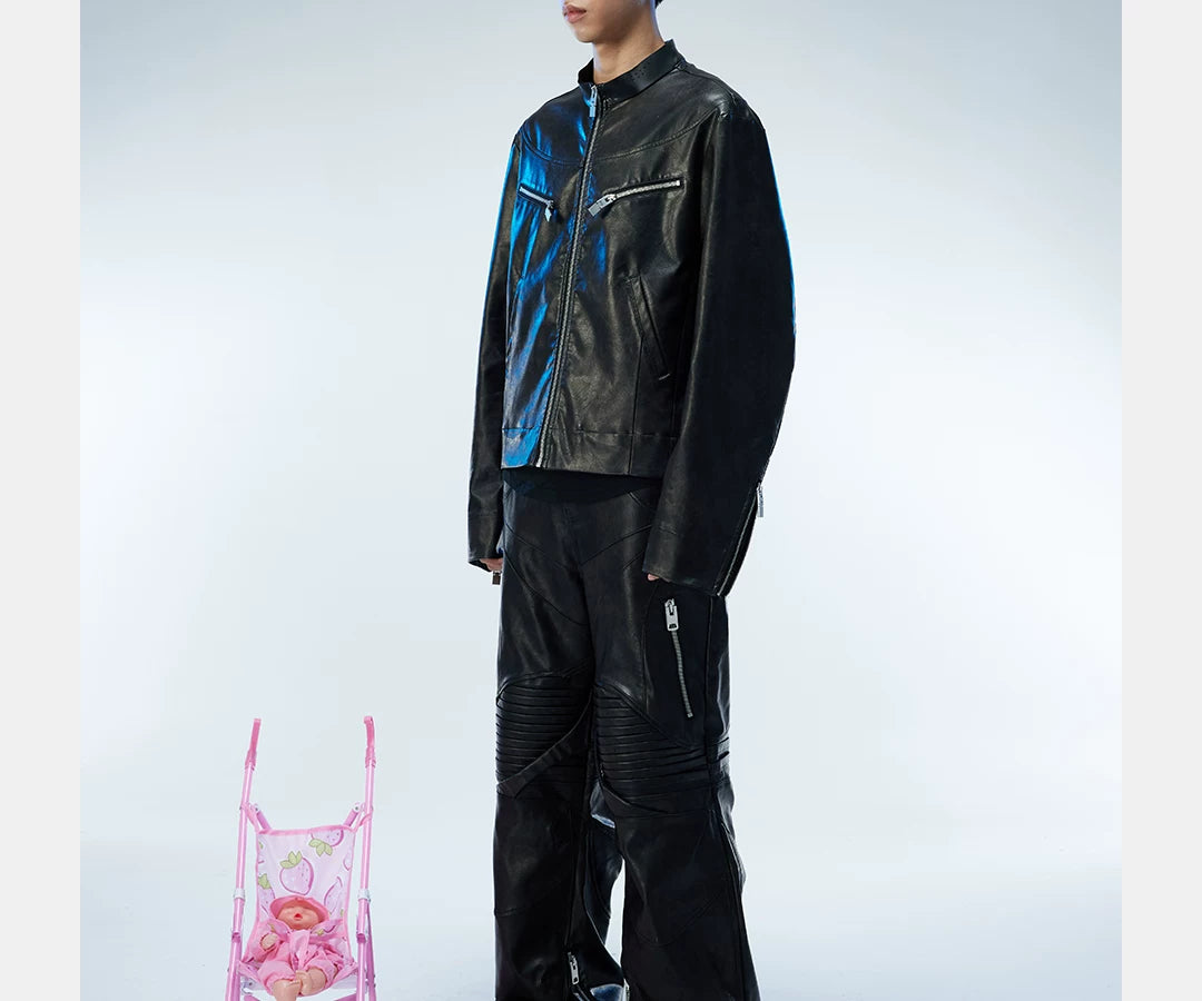 Men's Distressed Cropped Leather Moto Jacket
