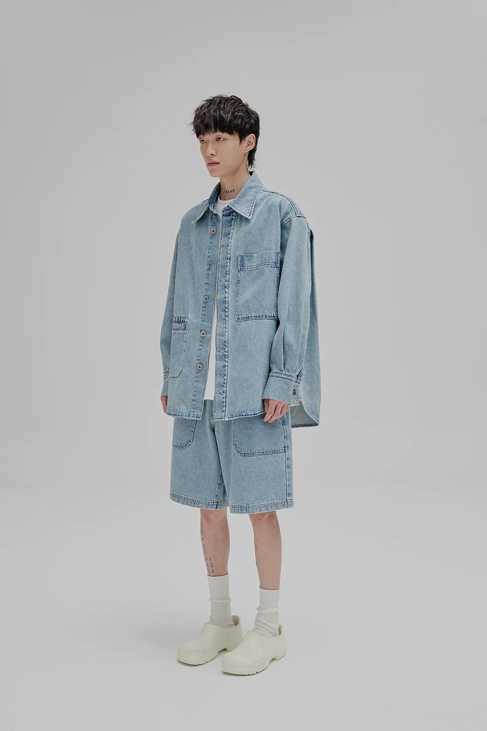14Oz Washed Denim Asymmetric-Pocket Shirt Jacket