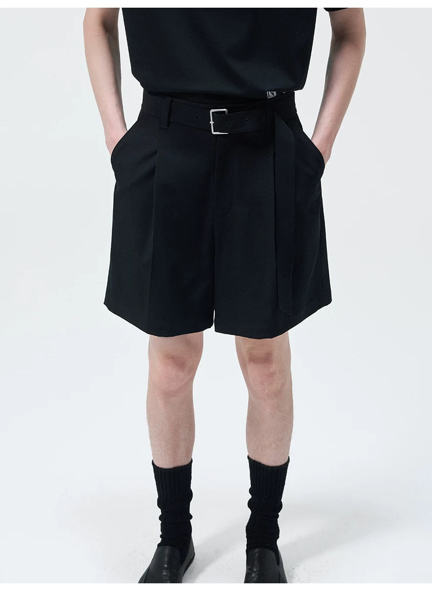 Triacetate Blend Belted Pleated Suit Shorts