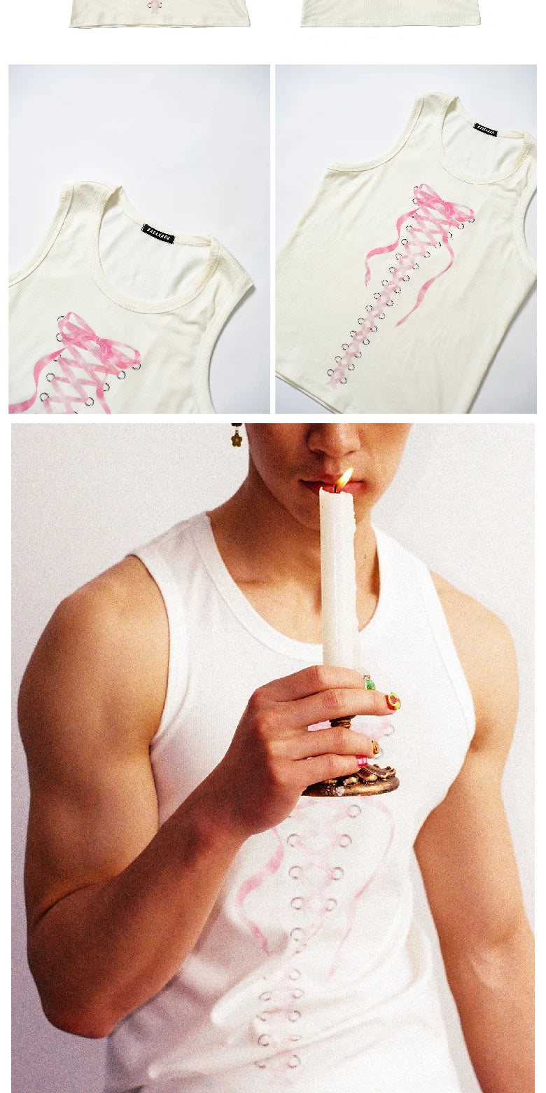 Bow Strap Print Ribbed Tank Top