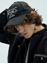 Long Brim Red Embroidered Distressed Cap