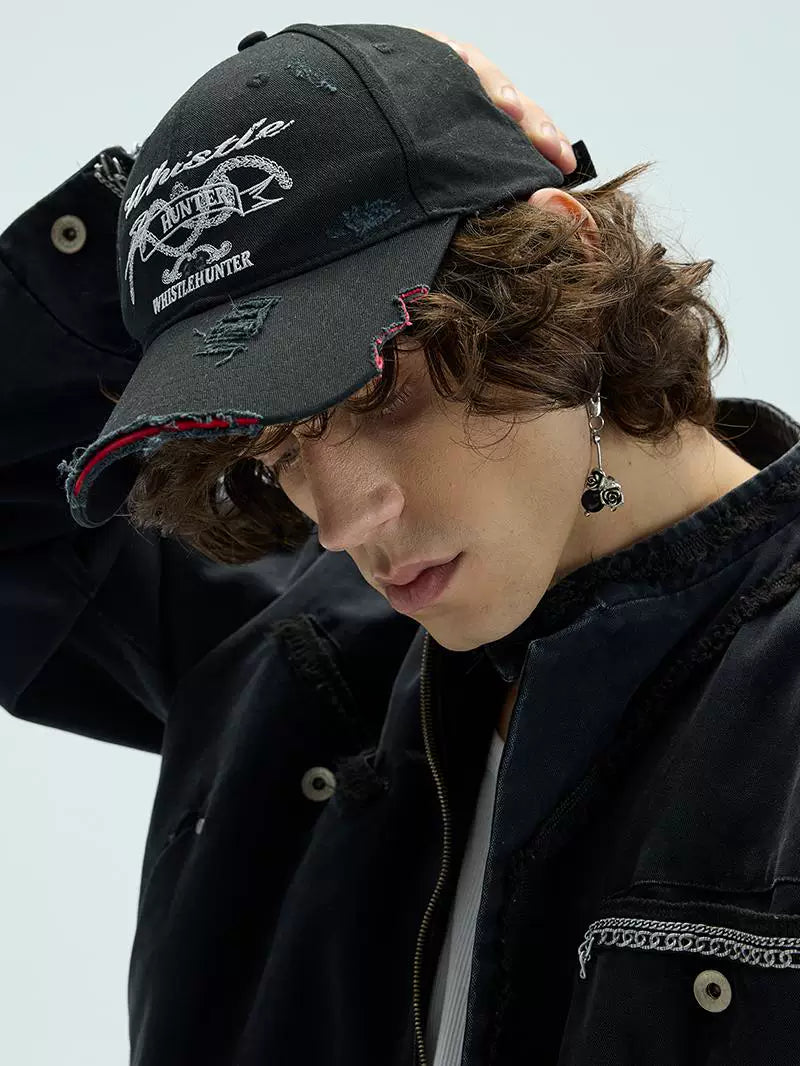 Long Brim Red Embroidered Distressed Cap