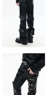 Zippered Flared Leather Casual Pants