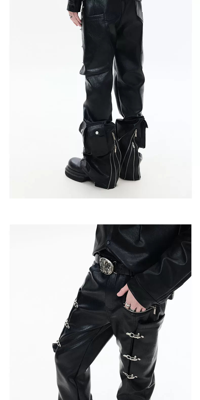Zippered Flared Leather Casual Pants