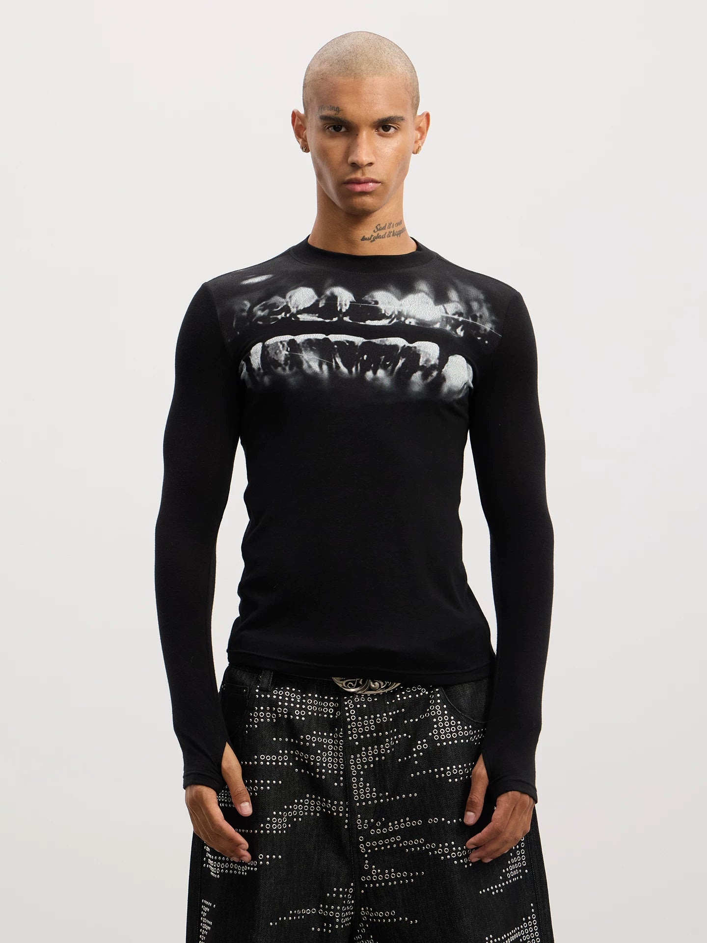 Long-sleeve Opium Print Slim Wool-blend Tee