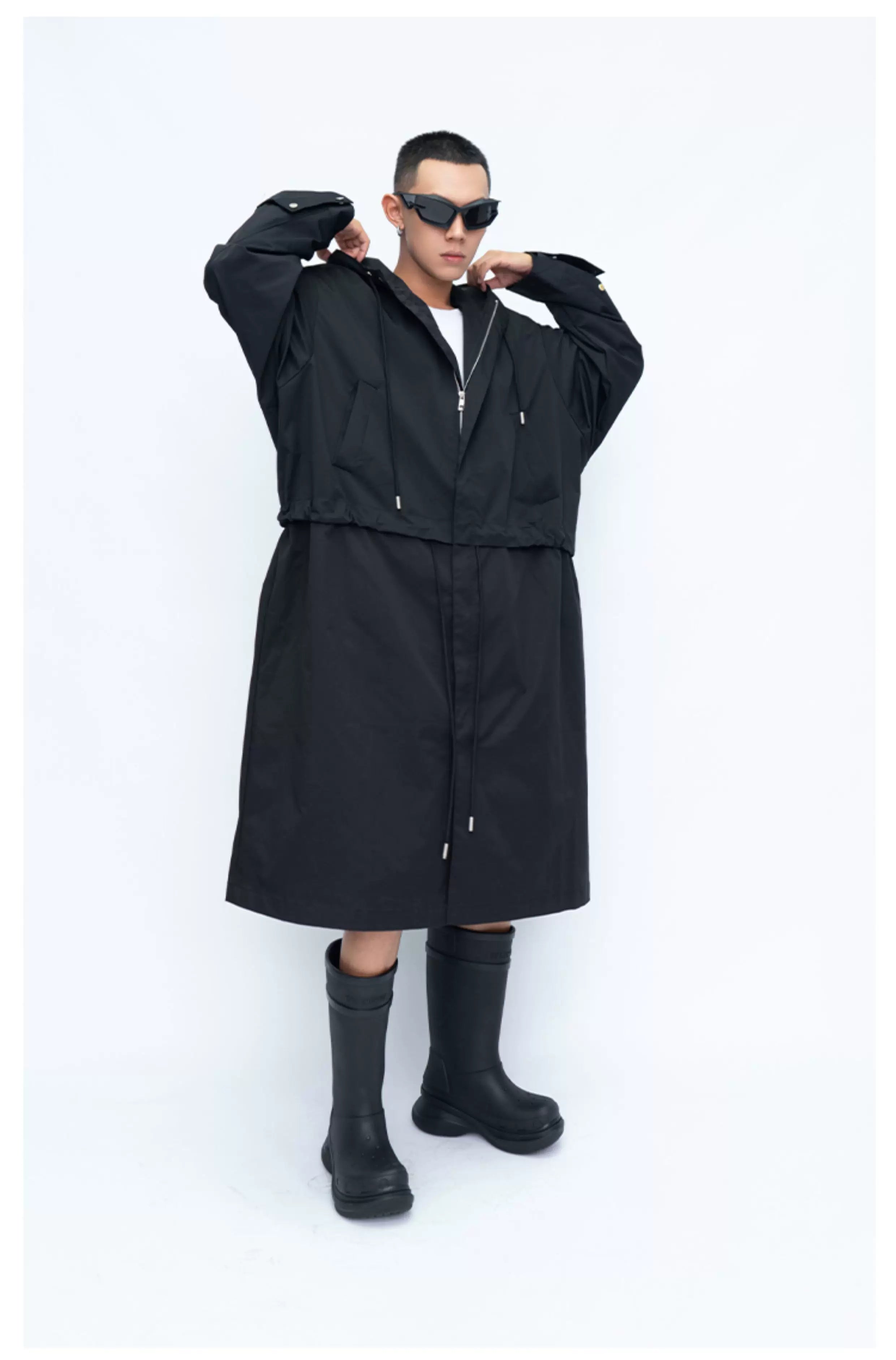 Hooded Long Water-resistant Waist-cinched Trench Coat