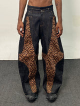 Leopard Cross Patchwork Baggy Curved Jeans