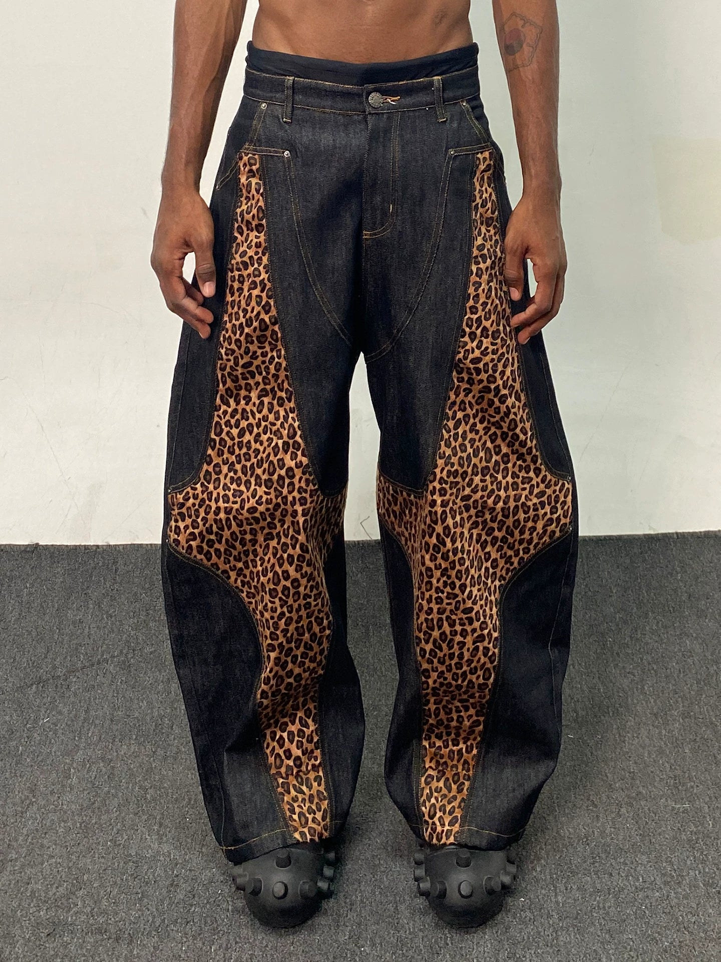 Leopard Cross Patchwork Baggy Curved Jeans