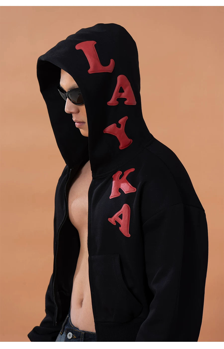 Men's Black Cropped Graphic Hooded Cardigan