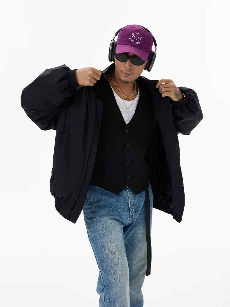 Unisex Black Stand Collar Padded Jacket