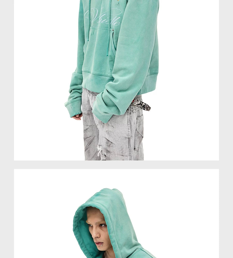 Distressed Embroidered V-Neck Cropped Wide Hoodie