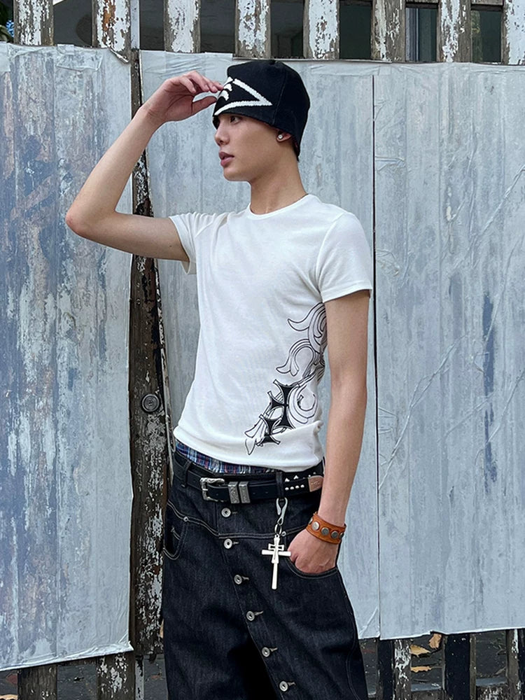 Cross Print Slim Crew Neck Tees