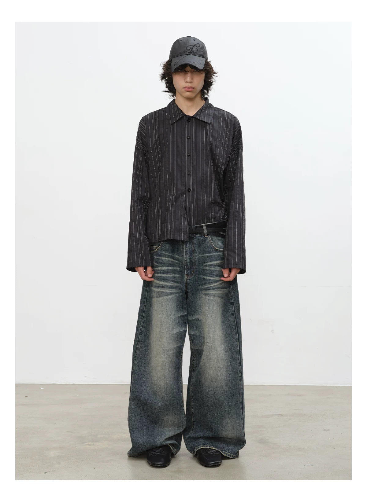 Blue Gray Washed Straight Loose Jeans