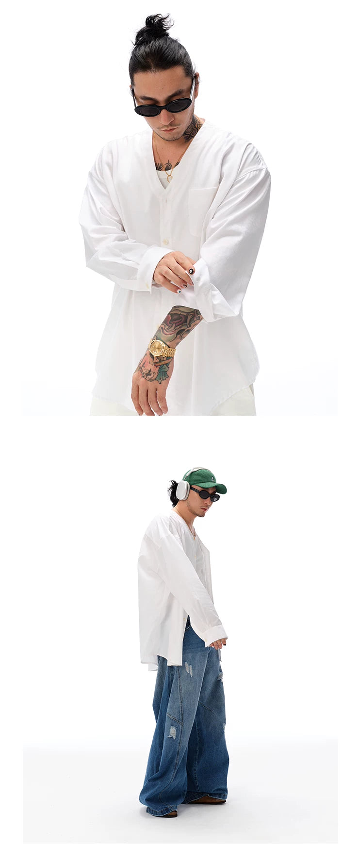 Embossed Vintage V-Neck Oversized Shirt