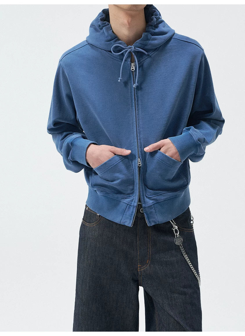 Short Drawstring Embroidered Distressed Hoodie