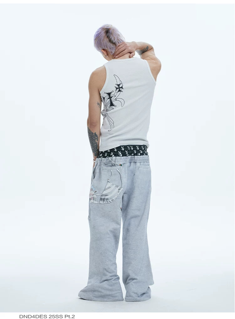 Flared Digital Print Double Waistband Sweatpants