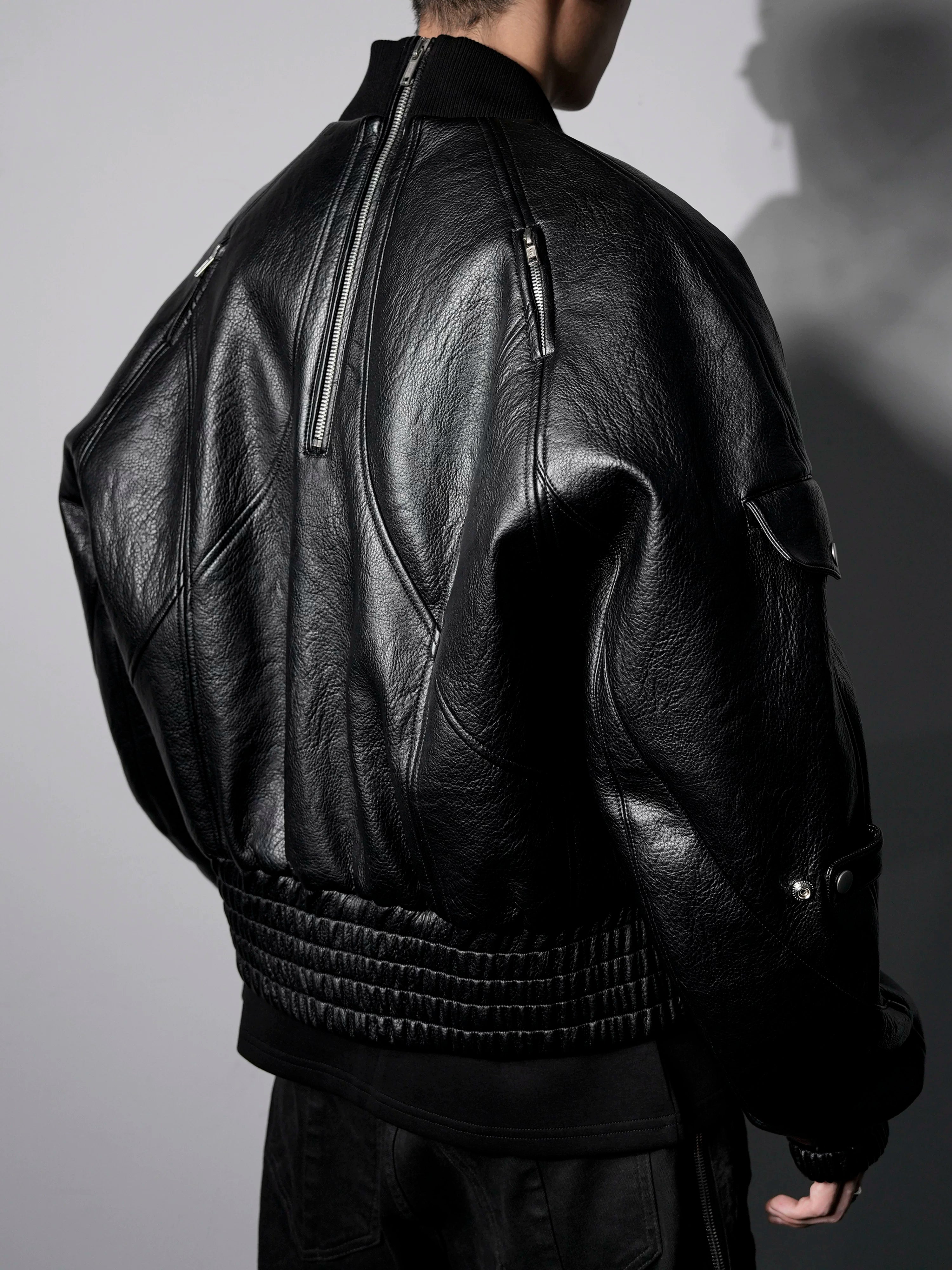 Dark Textured Curve Sleeve Bomber Jacket